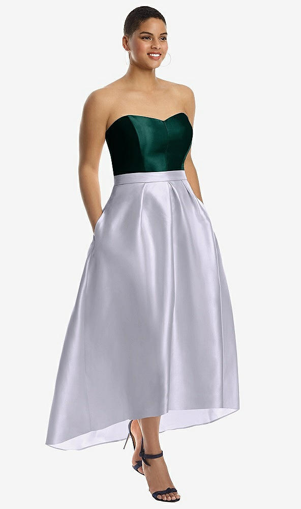 Front View - Silver Dove & Evergreen Strapless Satin High Low Dress with Pockets