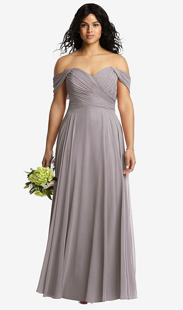 Front View - Cashmere Gray Off-the-Shoulder Draped Chiffon Maxi Dress