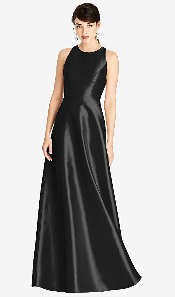Front View - Black Sleeveless Open-Back Satin A-Line Dress