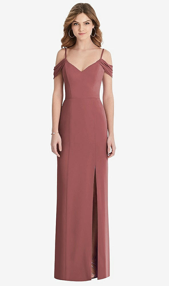 Front View - English Rose Off-the-Shoulder Chiffon Trumpet Gown with Front Slit