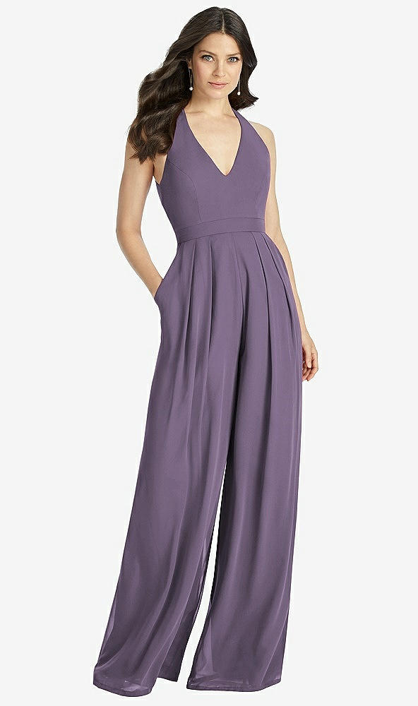 Front View - Lavender V-Neck Backless Pleated Front Jumpsuit