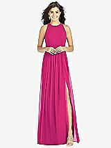 Front View Thumbnail - Think Pink Shirred Skirt Jewel Neck Halter Dress with Front Slit