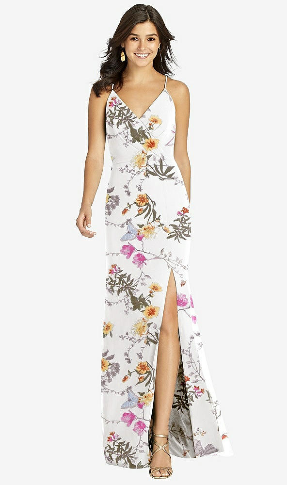 Front View - Butterfly Botanica Ivory Criss Cross Back Mermaid Wrap Dress