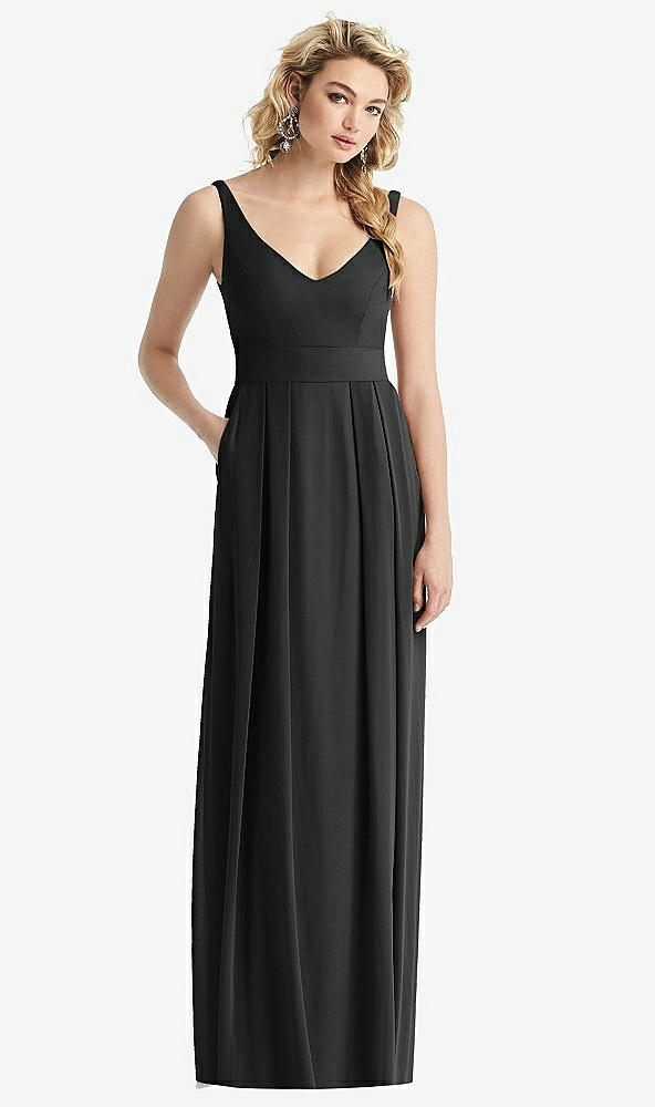 Front View - Black Sleeveless Pleated Skirt Maxi Dress with Pockets