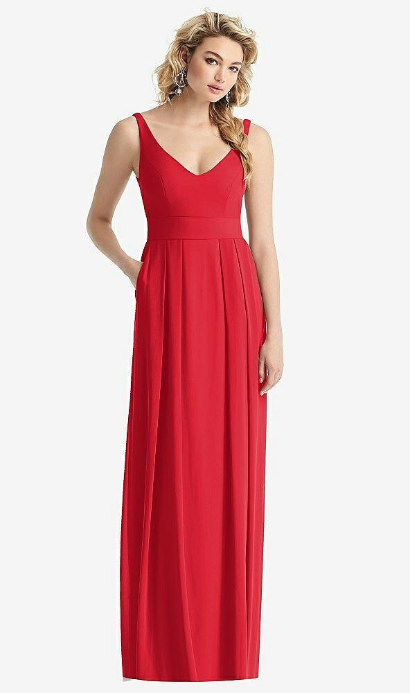 Front View - Parisian Red Sleeveless Pleated Skirt Maxi Dress with Pockets
