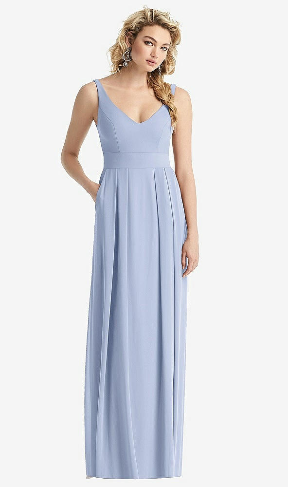 Front View - Sky Blue Sleeveless Pleated Skirt Maxi Dress with Pockets
