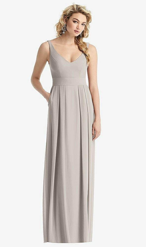 Front View - Taupe Sleeveless Pleated Skirt Maxi Dress with Pockets