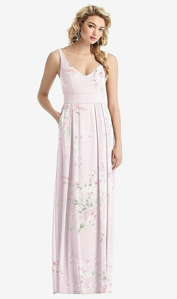 Front View - Watercolor Print Sleeveless Pleated Skirt Maxi Dress with Pockets