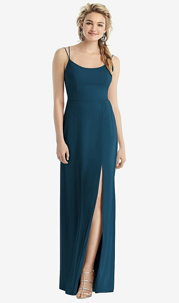 Back View - Atlantic Blue Cowl-Back Double Strap Maxi Dress with Side Slit
