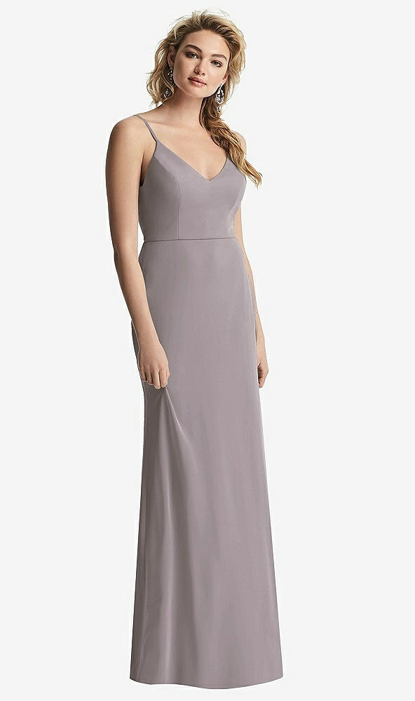 Back View - Cashmere Gray Shirred Sash Cowl-Back Chiffon Trumpet Gown