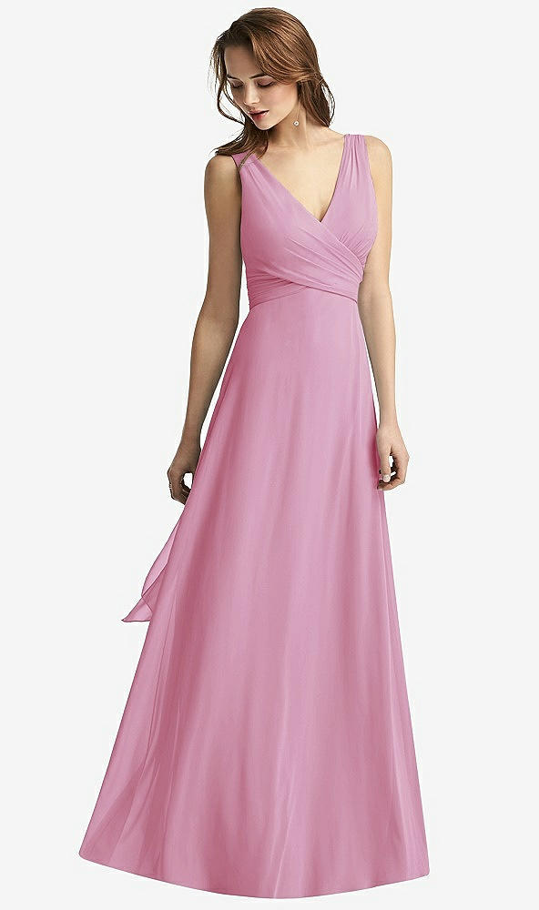 Front View - Powder Pink Sleeveless V-Neck Chiffon Wrap Dress