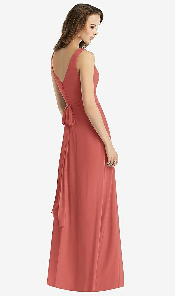 Back View - Coral Pink Sleeveless V-Neck Chiffon Wrap Dress