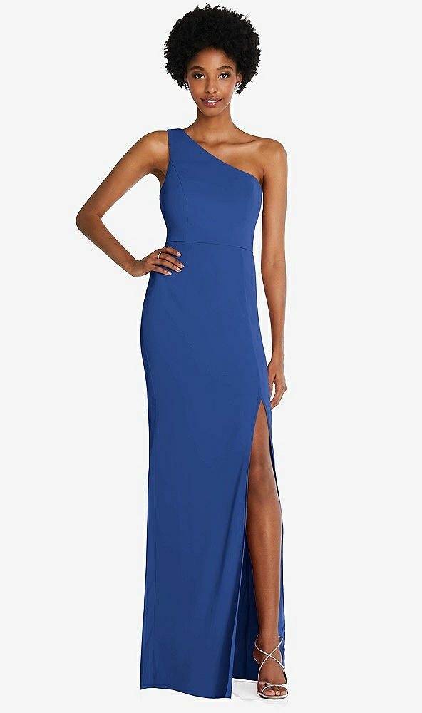 Front View - Classic Blue One-Shoulder Chiffon Trumpet Gown