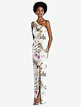 Side View Thumbnail - Butterfly Botanica Ivory One-Shoulder Chiffon Trumpet Gown
