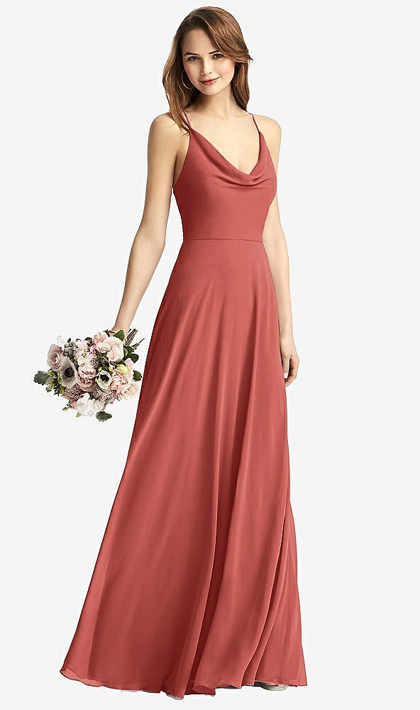 Front View - Coral Pink Cowl Neck Criss Cross Back Maxi Dress
