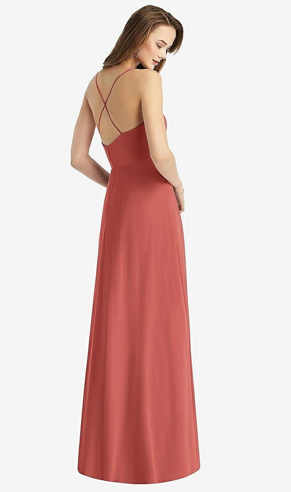 Back View - Coral Pink Cowl Neck Criss Cross Back Maxi Dress