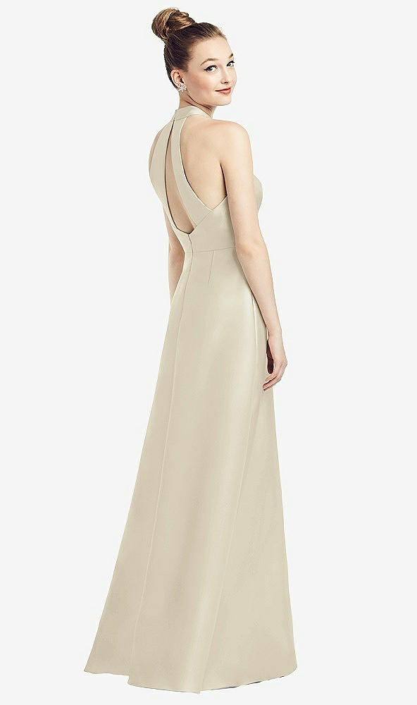 Front View - Champagne High-Neck Cutout Satin Dress with Pockets