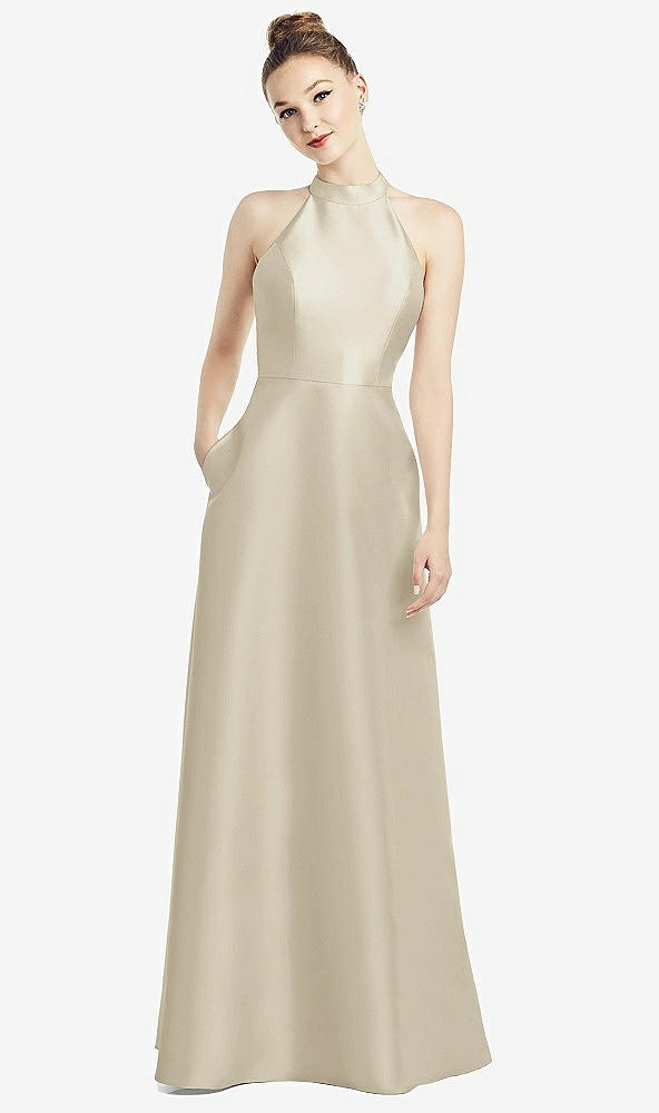 Back View - Champagne High-Neck Cutout Satin Dress with Pockets