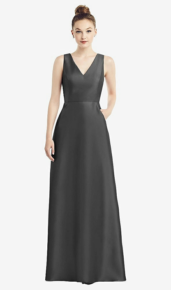 Front View - Pewter Sleeveless V-Neck Satin Dress with Pockets
