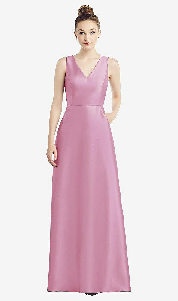 Front View - Powder Pink Sleeveless V-Neck Satin Dress with Pockets