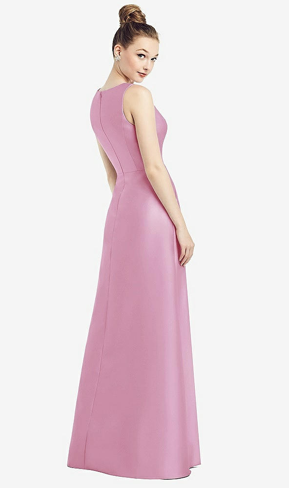 Back View - Powder Pink Sleeveless V-Neck Satin Dress with Pockets