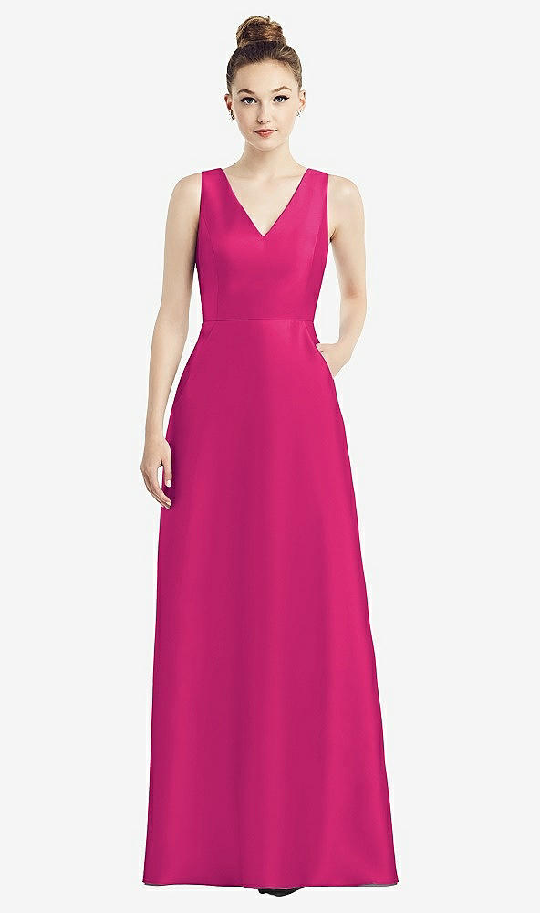 Front View - Think Pink Sleeveless V-Neck Satin Dress with Pockets