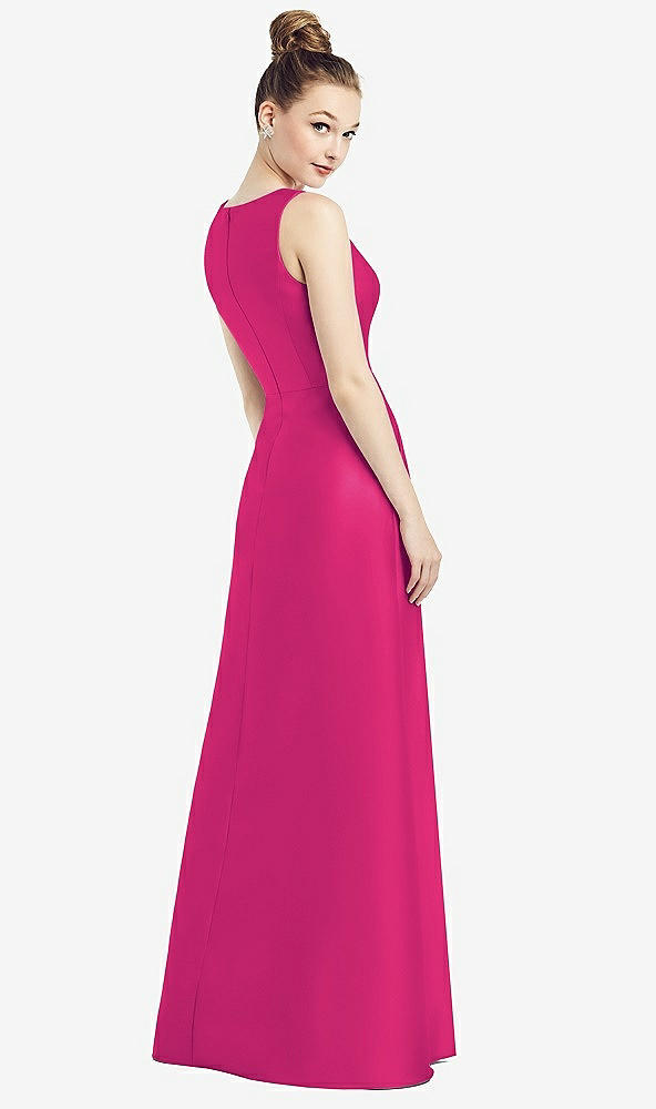 Back View - Think Pink Sleeveless V-Neck Satin Dress with Pockets
