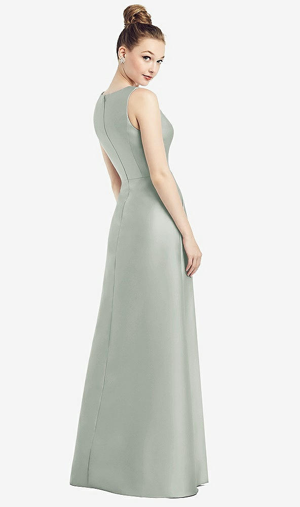 Back View - Willow Green Sleeveless V-Neck Satin Dress with Pockets