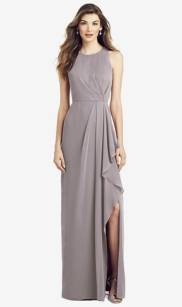 Front View - Cashmere Gray Sleeveless Chiffon Dress with Draped Front Slit