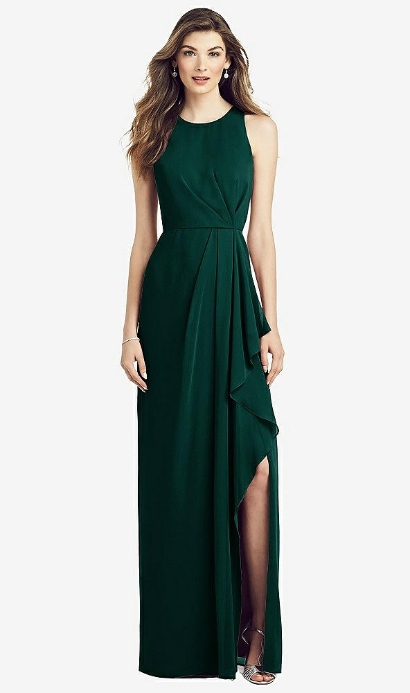 Front View - Evergreen Sleeveless Chiffon Dress with Draped Front Slit