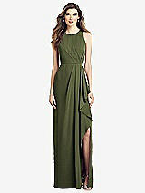 Front View Thumbnail - Olive Green Sleeveless Chiffon Dress with Draped Front Slit