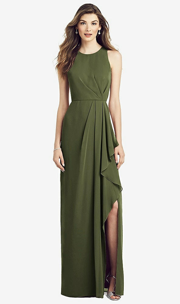 Front View - Olive Green Sleeveless Chiffon Dress with Draped Front Slit