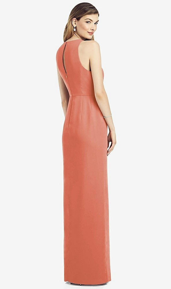 Back View - Terracotta Copper Sleeveless Chiffon Dress with Draped Front Slit