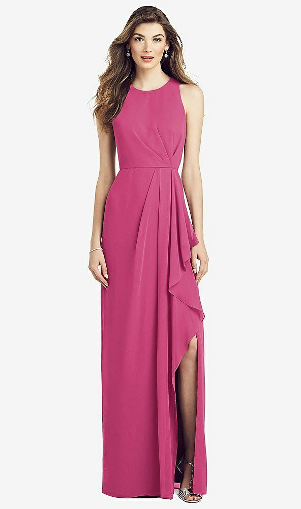 Front View - Tea Rose Sleeveless Chiffon Dress with Draped Front Slit
