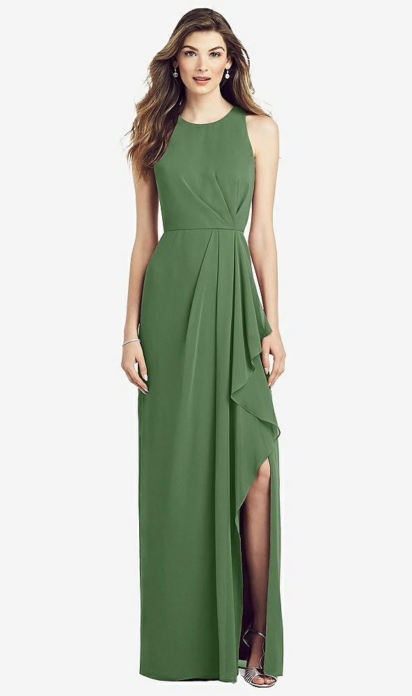 Front View - Vineyard Green Sleeveless Chiffon Dress with Draped Front Slit