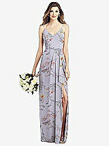 Front View Thumbnail - Butterfly Botanica Silver Dove Spaghetti Strap Draped Skirt Gown with Front Slit