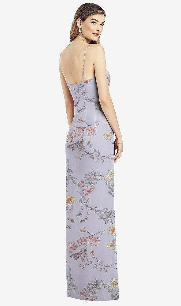 Back View - Butterfly Botanica Silver Dove Spaghetti Strap Draped Skirt Gown with Front Slit