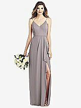 Front View Thumbnail - Cashmere Gray Spaghetti Strap Draped Skirt Gown with Front Slit
