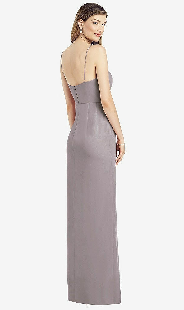 Back View - Cashmere Gray Spaghetti Strap Draped Skirt Gown with Front Slit