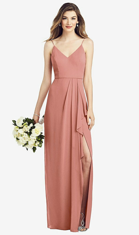 Front View - Desert Rose Spaghetti Strap Draped Skirt Gown with Front Slit