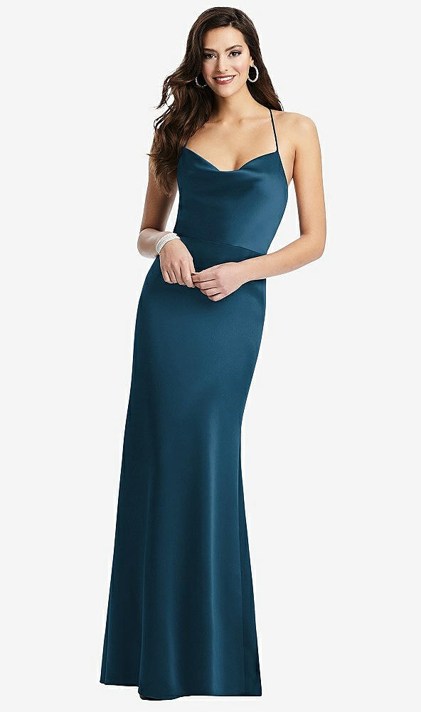 Front View - Atlantic Blue Cowl-Neck Criss Cross Back Slip Dress