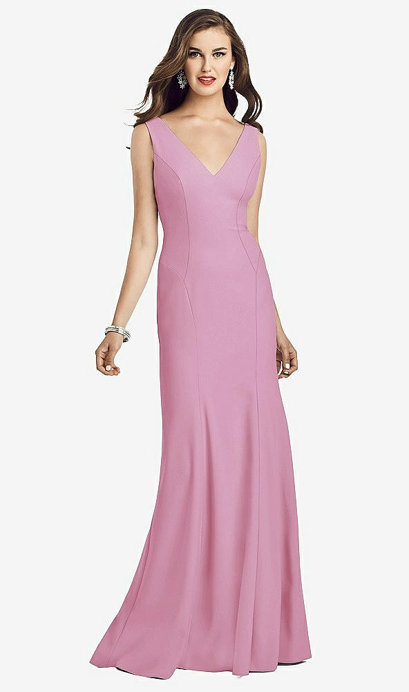 Front View - Powder Pink Sleeveless Seamed Bodice Trumpet Gown