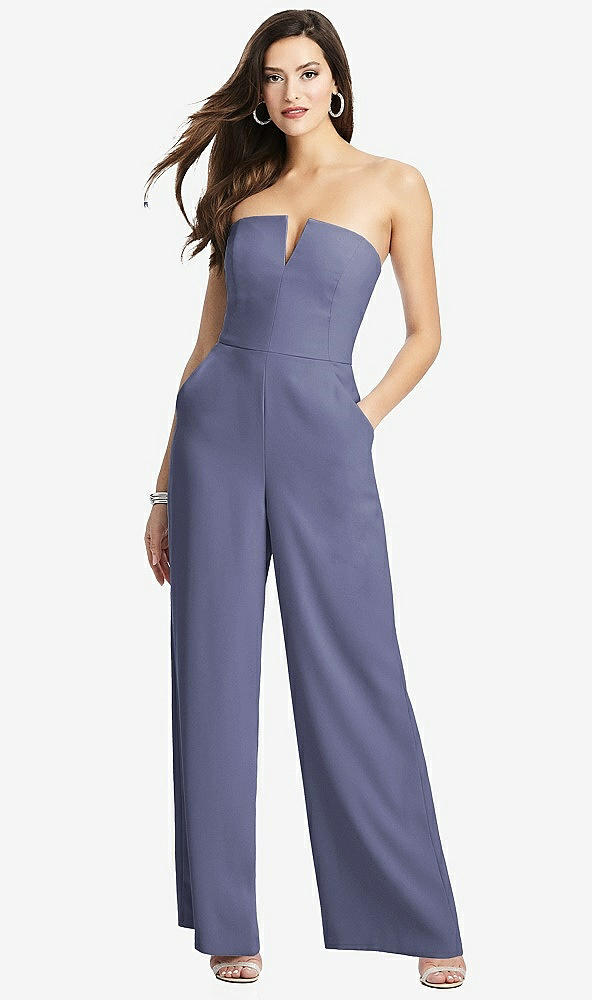 Front View - French Blue Strapless Notch Crepe Jumpsuit with Pockets