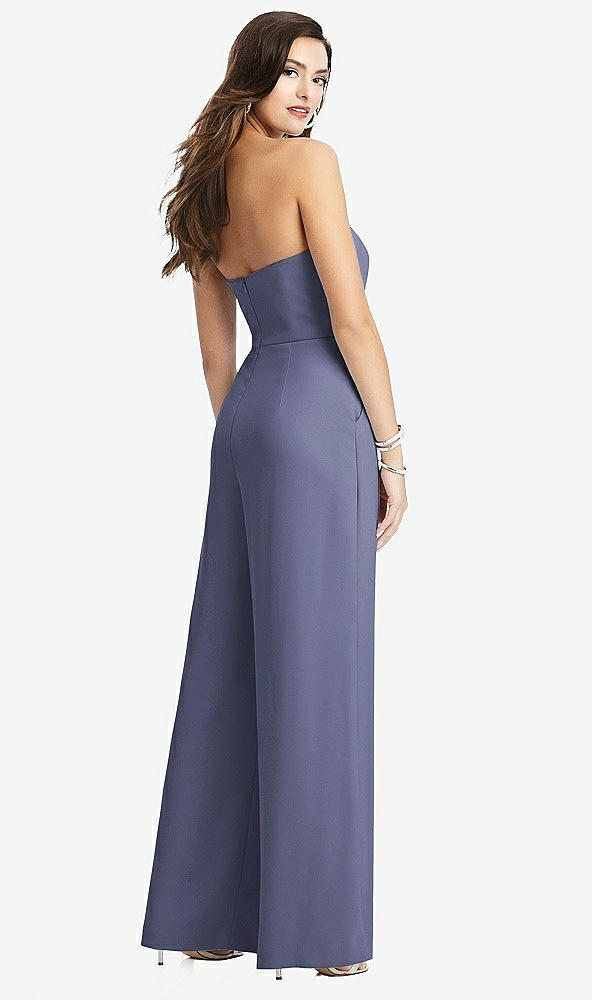 Back View - French Blue Strapless Notch Crepe Jumpsuit with Pockets