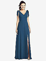 Front View Thumbnail - Dusk Blue Bow-Shoulder V-Back Chiffon Gown with Front Slit