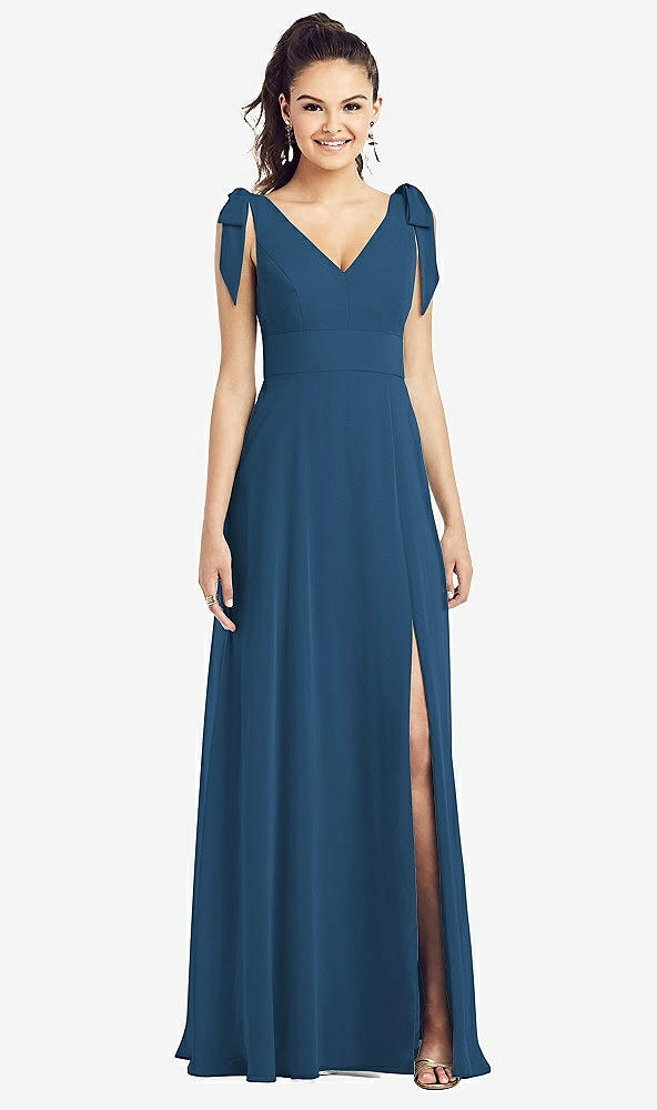 Front View - Dusk Blue Bow-Shoulder V-Back Chiffon Gown with Front Slit