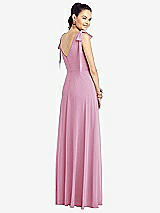 Rear View Thumbnail - Powder Pink Bow-Shoulder V-Back Chiffon Gown with Front Slit