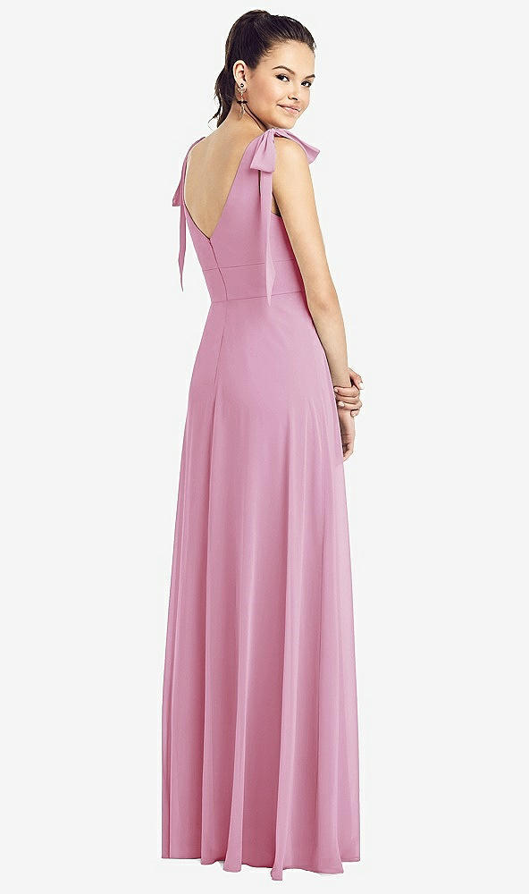 Back View - Powder Pink Bow-Shoulder V-Back Chiffon Gown with Front Slit
