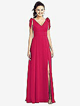 Front View Thumbnail - Vivid Pink Bow-Shoulder V-Back Chiffon Gown with Front Slit