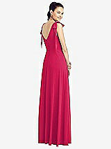 Rear View Thumbnail - Vivid Pink Bow-Shoulder V-Back Chiffon Gown with Front Slit